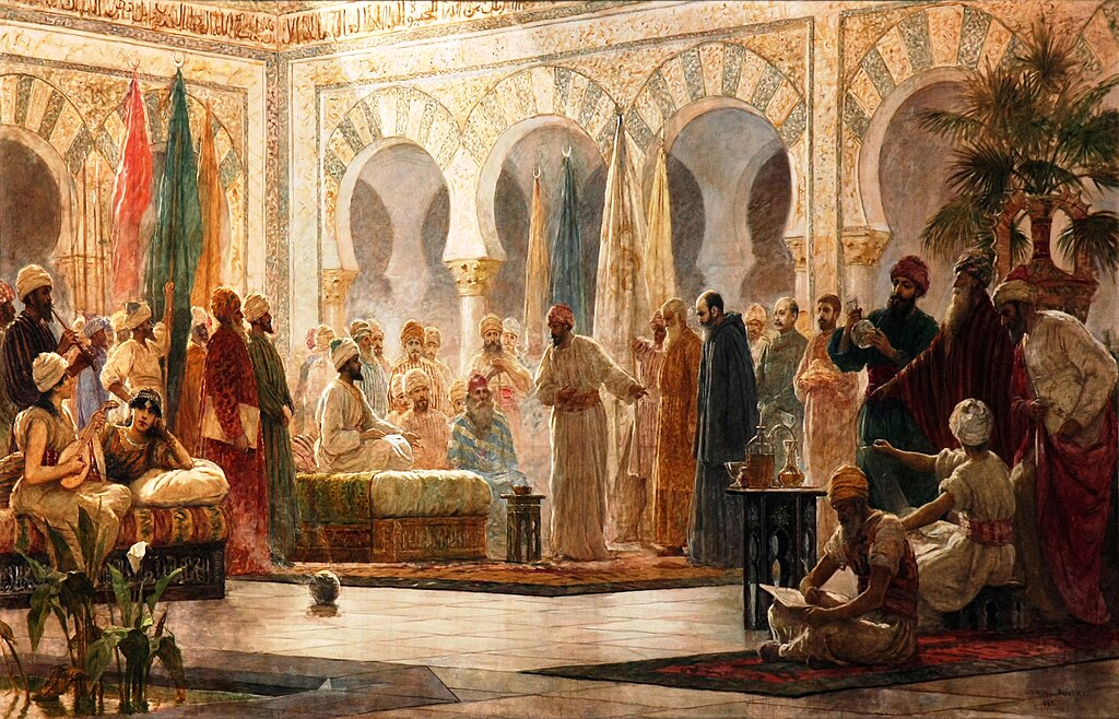 A painting of a Sultan's court gathering round as a ambassador is presented.