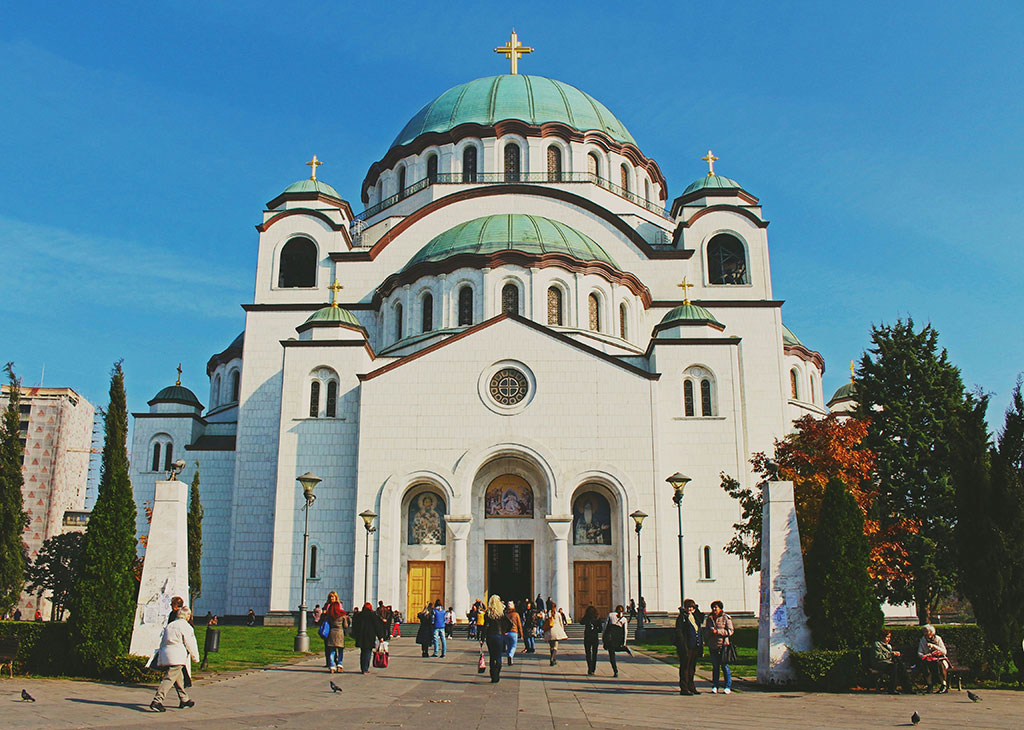 An orthodox cathedral, with prominent roof domes.