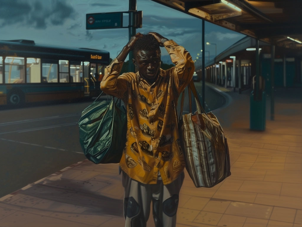 An upset man holds his hands on his head as he misses a bus.