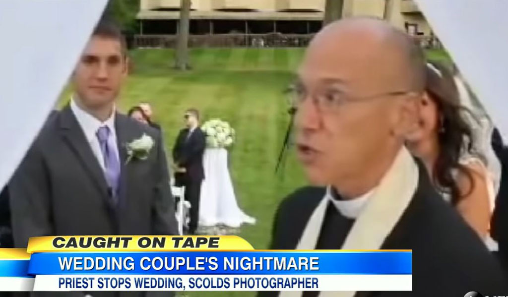 A screen grab of a news report; a priest looks angry turning away from a wedding couple. The caption reads: Wedding couple's nightmare. Priest stops wedding, scolds photographer