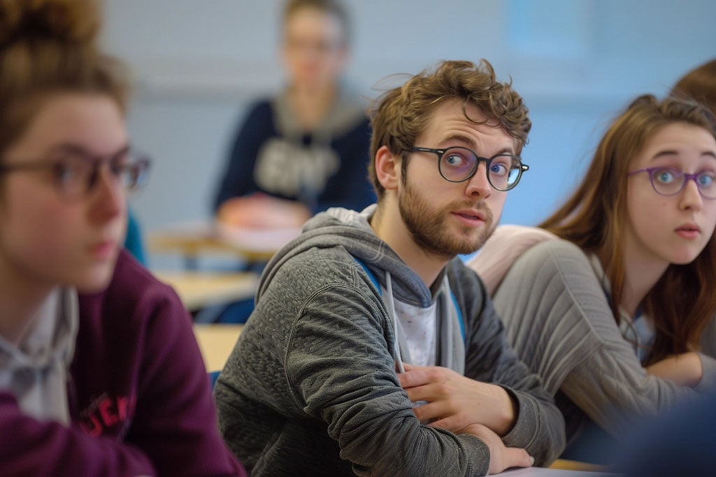 Quizzical-looking students look across a tutorial to others.