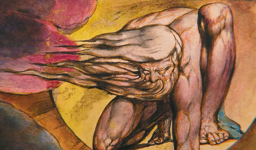 William Blake's illustration of God squatting down to create with his hair and beard blown to one side