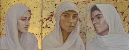 A triptych of three portraits depicting of white shawled women agains a gold background
