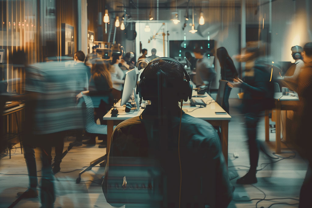 A office worker wearing headphones looks out of a hectic and loud office space around which people are moving