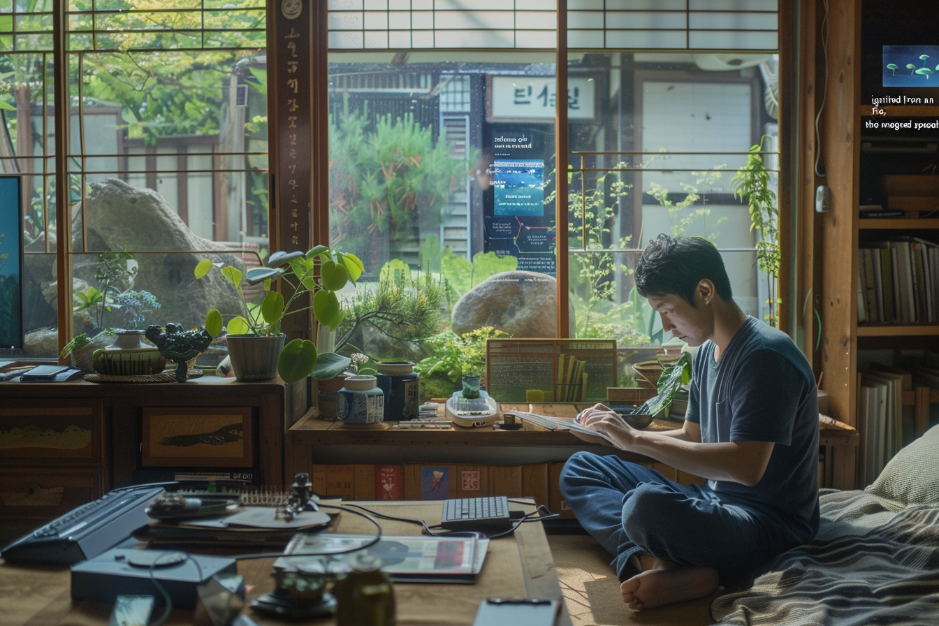 An AI-generated image of a man folding a paper plan in a relaxed lounger, around him are creative tools and screens giving status updates are visible.