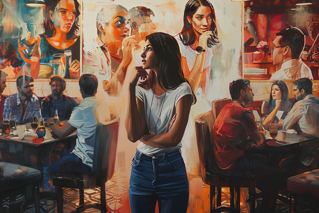 A woman stands between two table, one of friends and the other more argumentative.