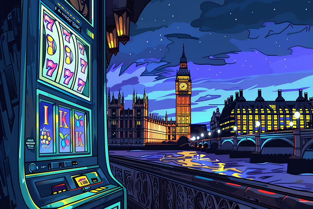 A cartoon depicts a slot machine opposite the Houses of Parliament
