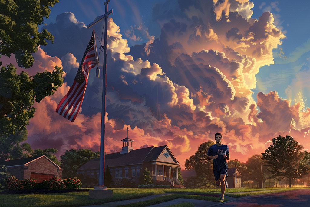 A runner passes a church and a flag in an America suburb, under billowing clouds.