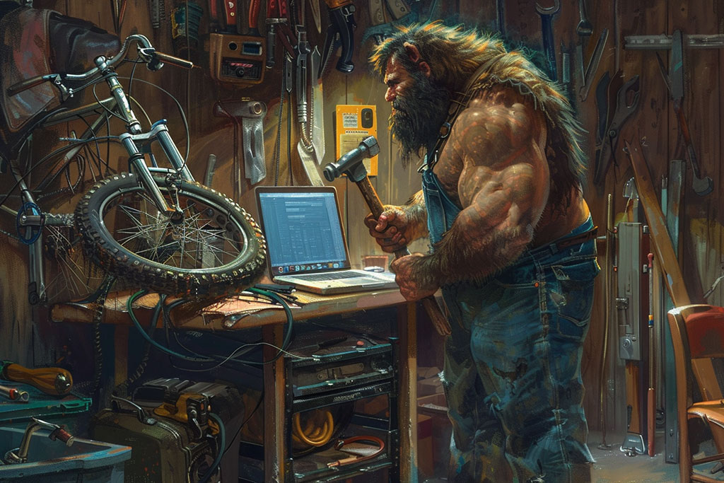 A caveman holding a hammer looks at a bench on which are a broken bicycle and a laptop.