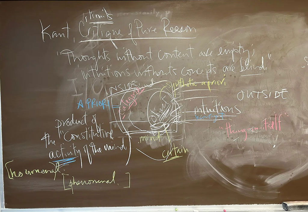 A blackboard covered in chalk writing and highlights.