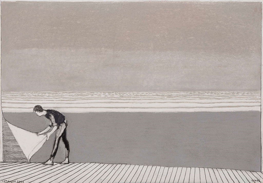 A black and white illustration show a person crouching in the corner and lifting as it was a stage drape.