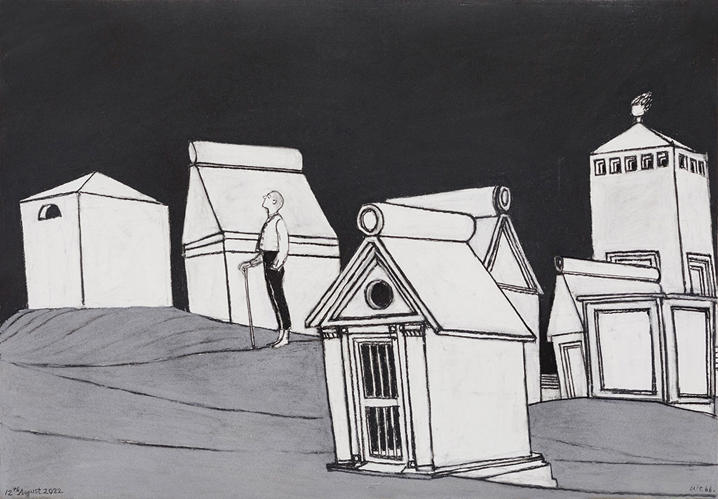 A black and white illustration shows a man holding a walk stick standing among tomb-like structures.