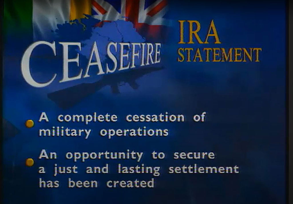 A TV graphic labelled 'ceasefire' lists bullet points