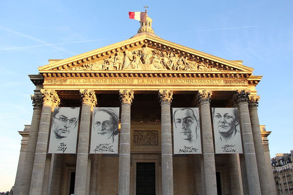 Paris' Pantheon temple displays a flag and banners.