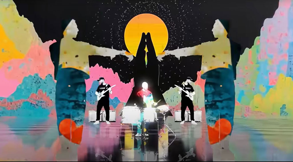 A colourful graphic overlay of praying hands over a band playing.