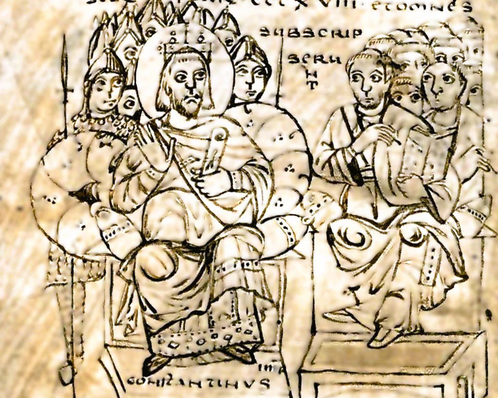 A ink drawing of Constantine the Emperor on a throne listening to people showing him books. 