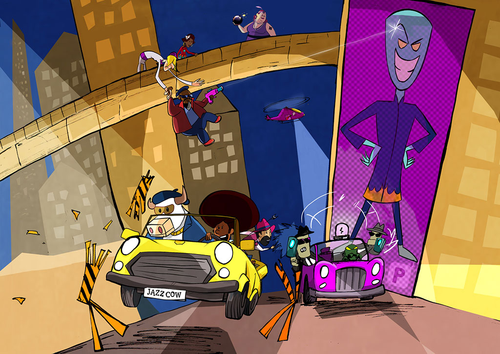  A cartoon chase sees a car driven by a cow escaping from a car of baddies under a giant poster of their villainous boss.