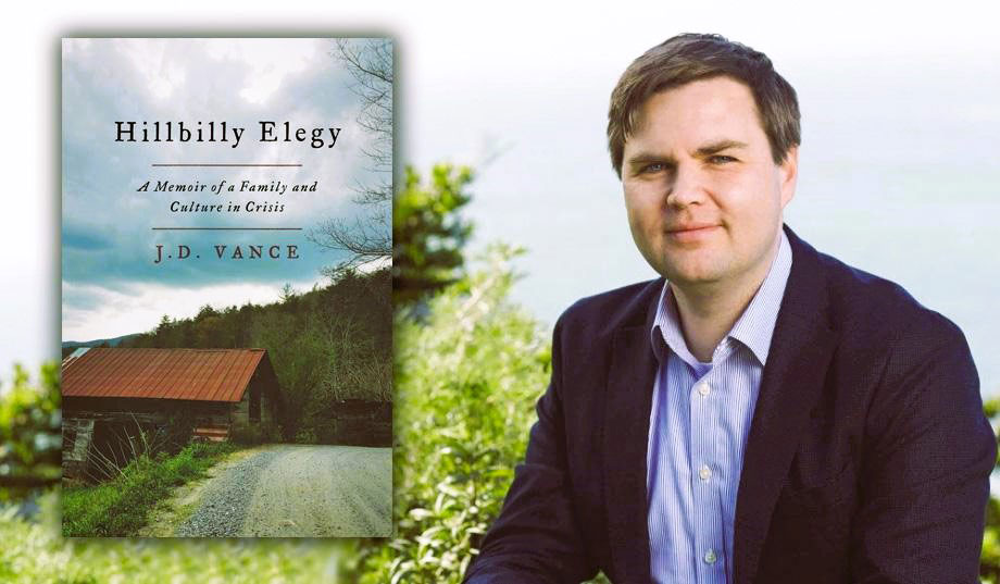 A book's front cover beside a portrait of the author, JD Vance