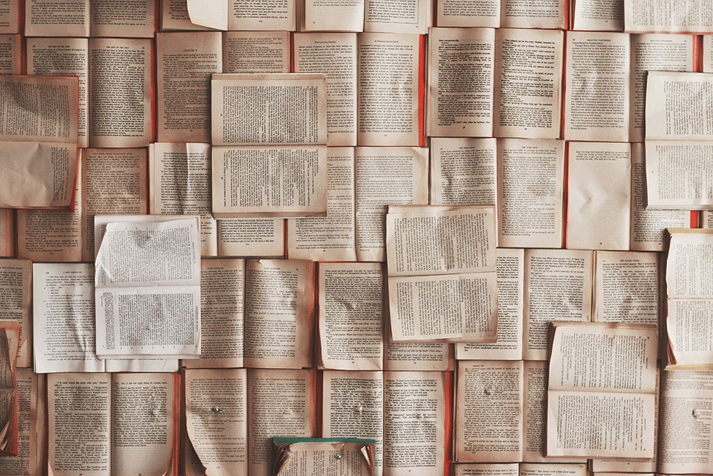 Pages from books are pinned across wall.