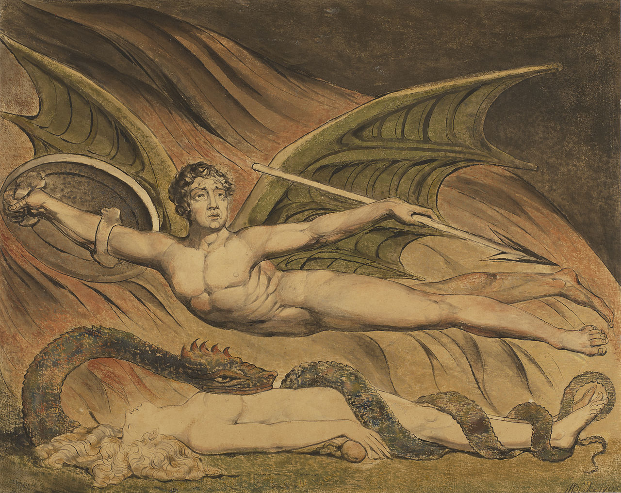 William Blake's illustration of Satan, a winged angel, flying over a prone Eve.