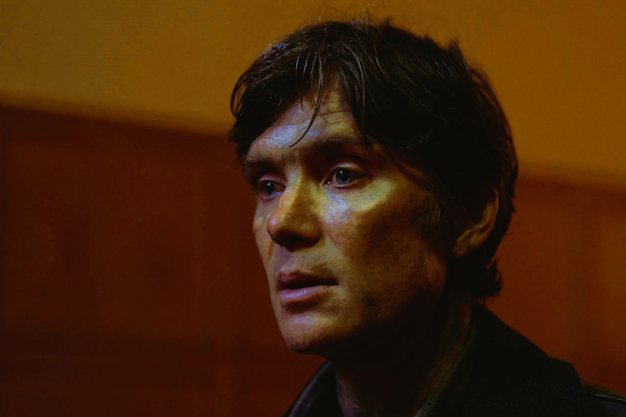 The gaunt face of a dishevelled man stares into the distance