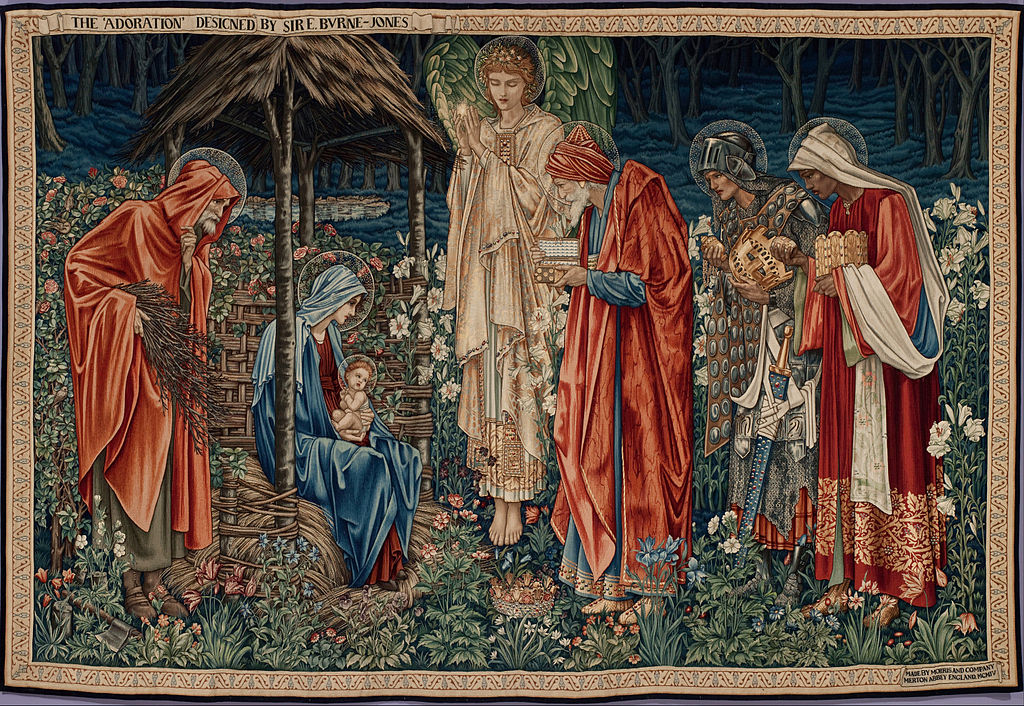 An arts and crafts image of the three kings adoring the new born Christ.