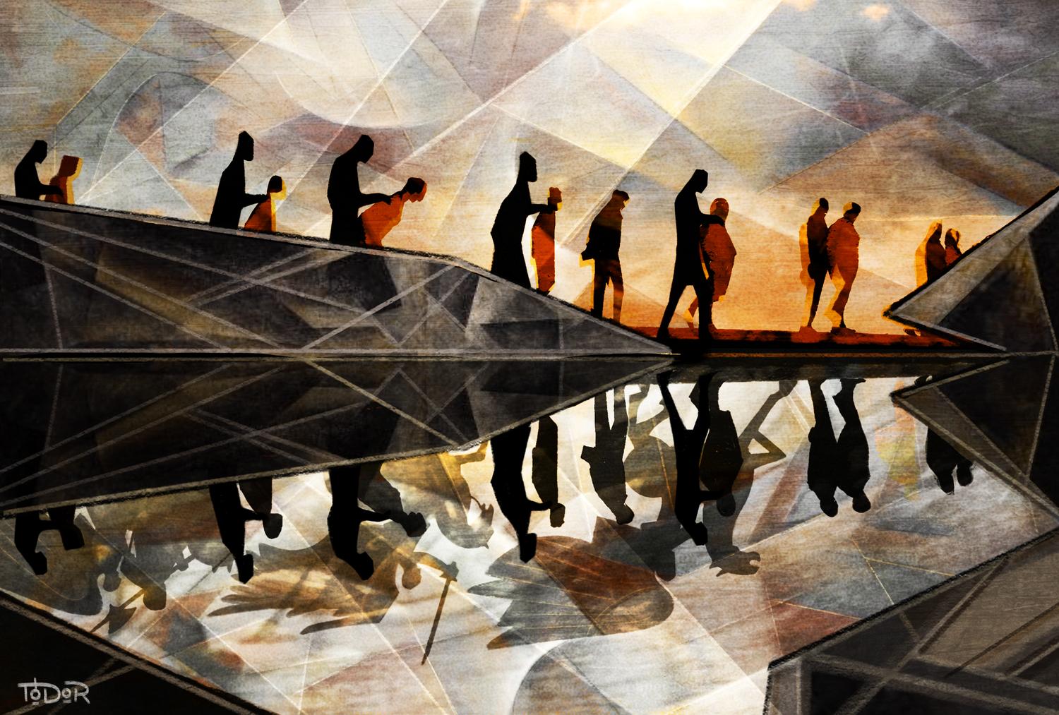 An animated scene shows a dark sky under which prisoners are marched along a river.
