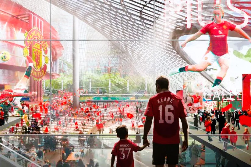 A CGI image of a son and dad holding hands on the concourse of a modern stadium.