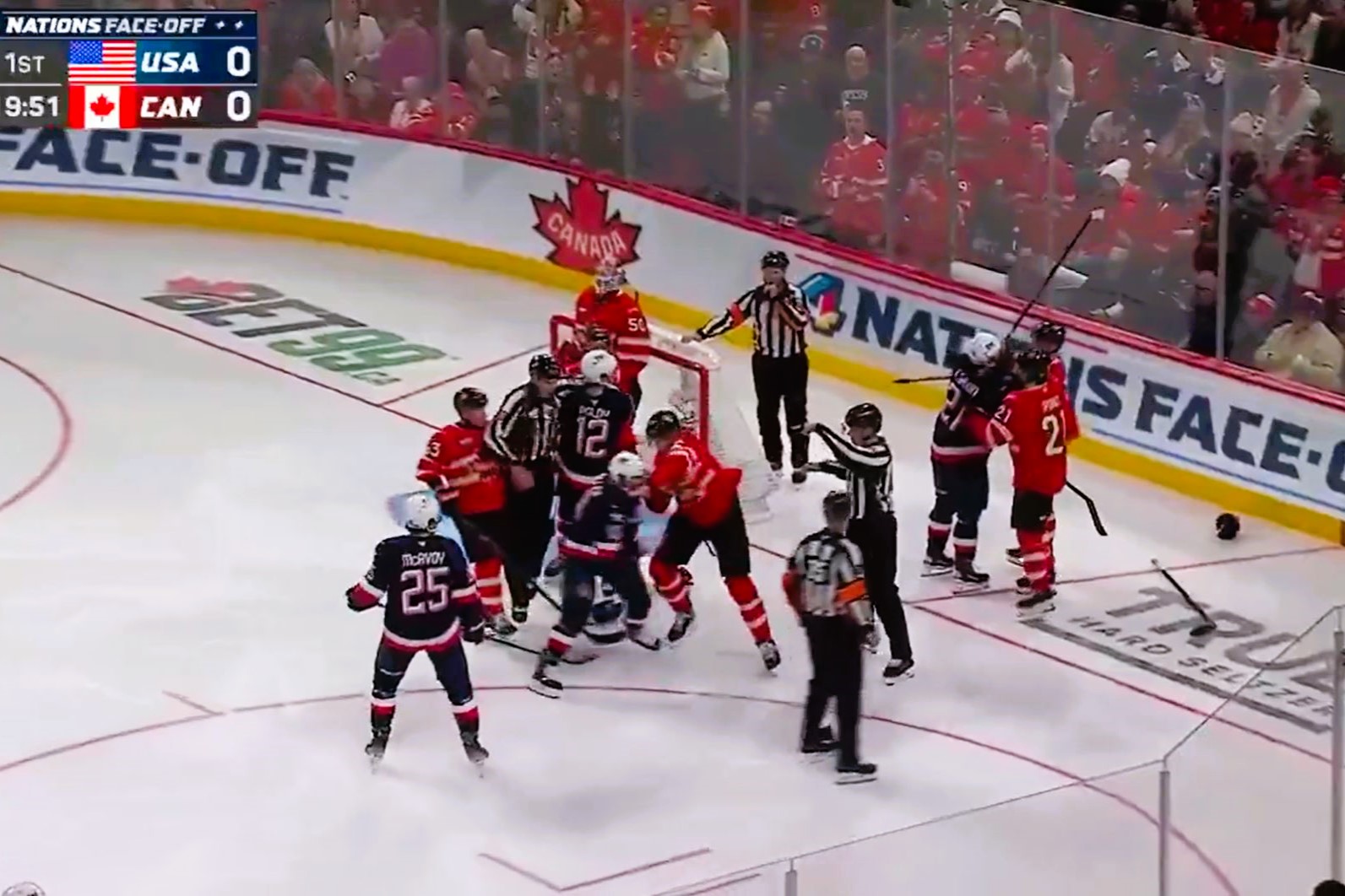 Ice hockey players fight in front of a goal