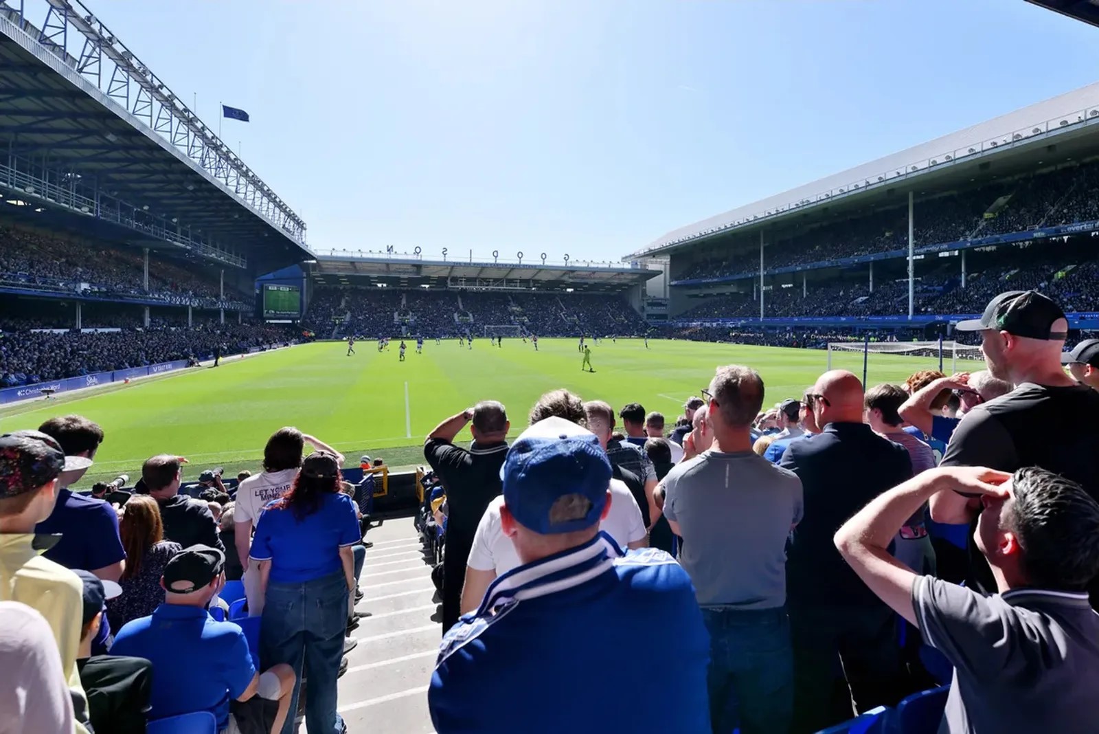 Football fans wearing blue stand and watch a match in a stadium.