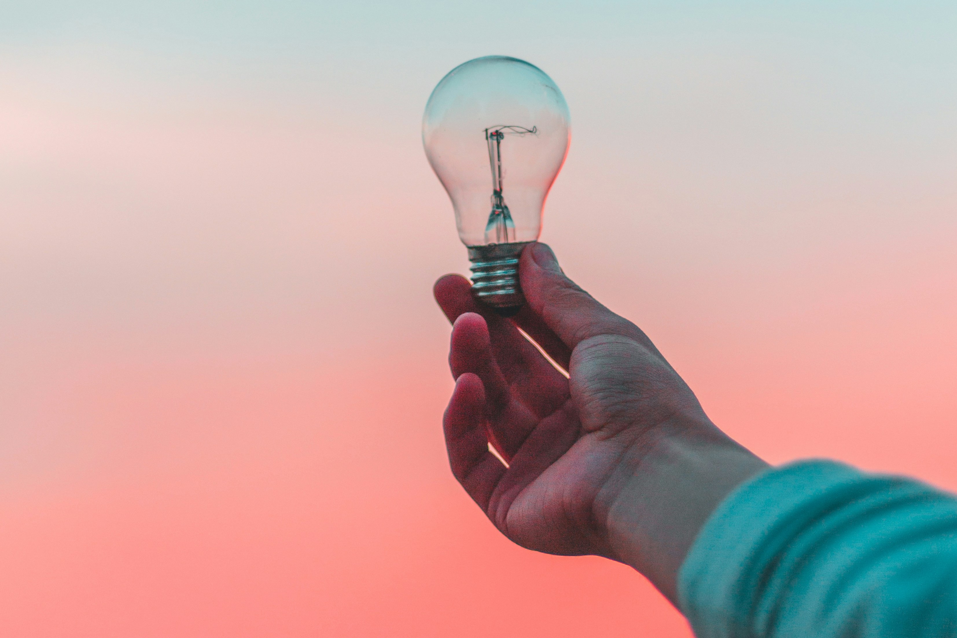 A light bulb is held up against a sunset.