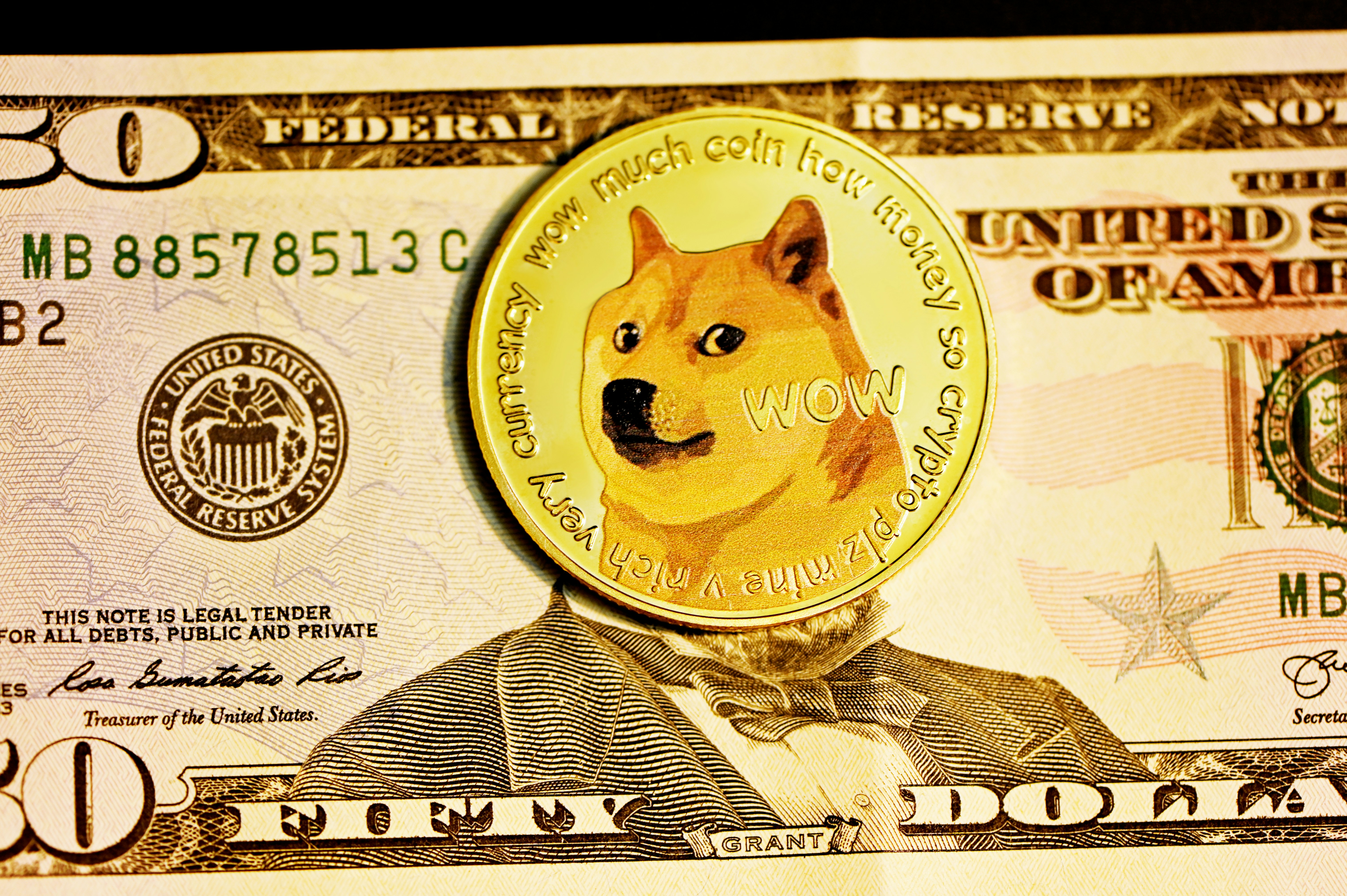 A gold coin with the DOGE dog on it, lies over the face on a $50 bill.