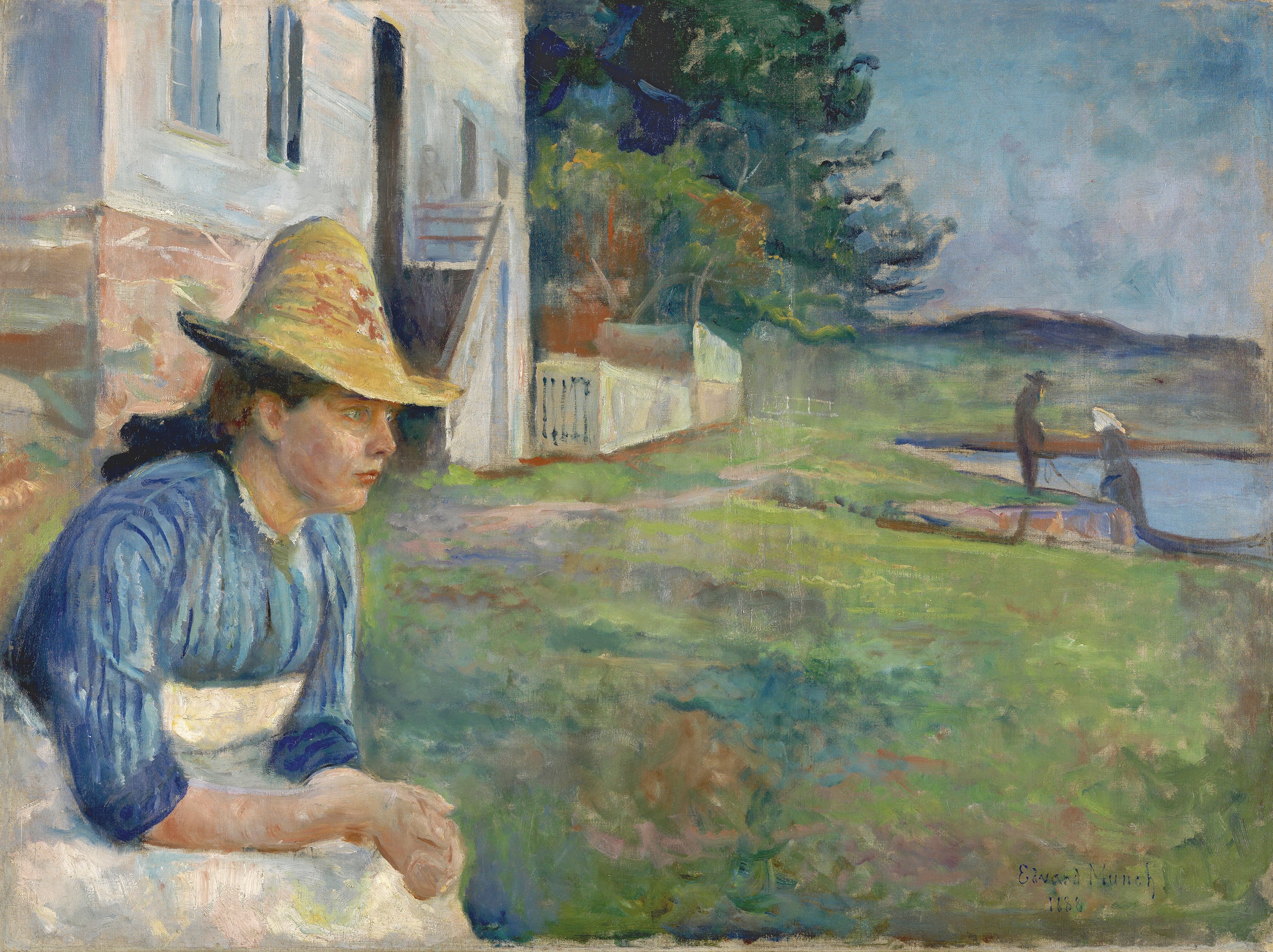 A painting of a  pensive young woman sitting and staring across a lawn.
