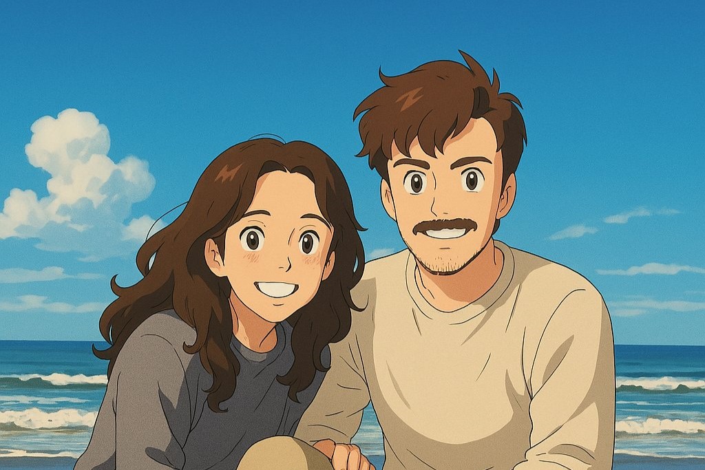 A couple crouch together on a beach in a Studio Ghibli style image.