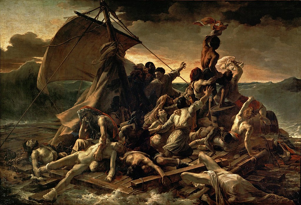 A painting shows a wreck of a rafter holding survivors and corpses.
