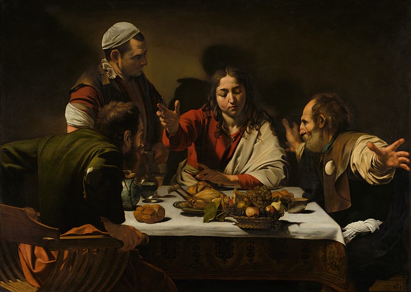 A painting depicts Jesus talking to disciples at a meal.