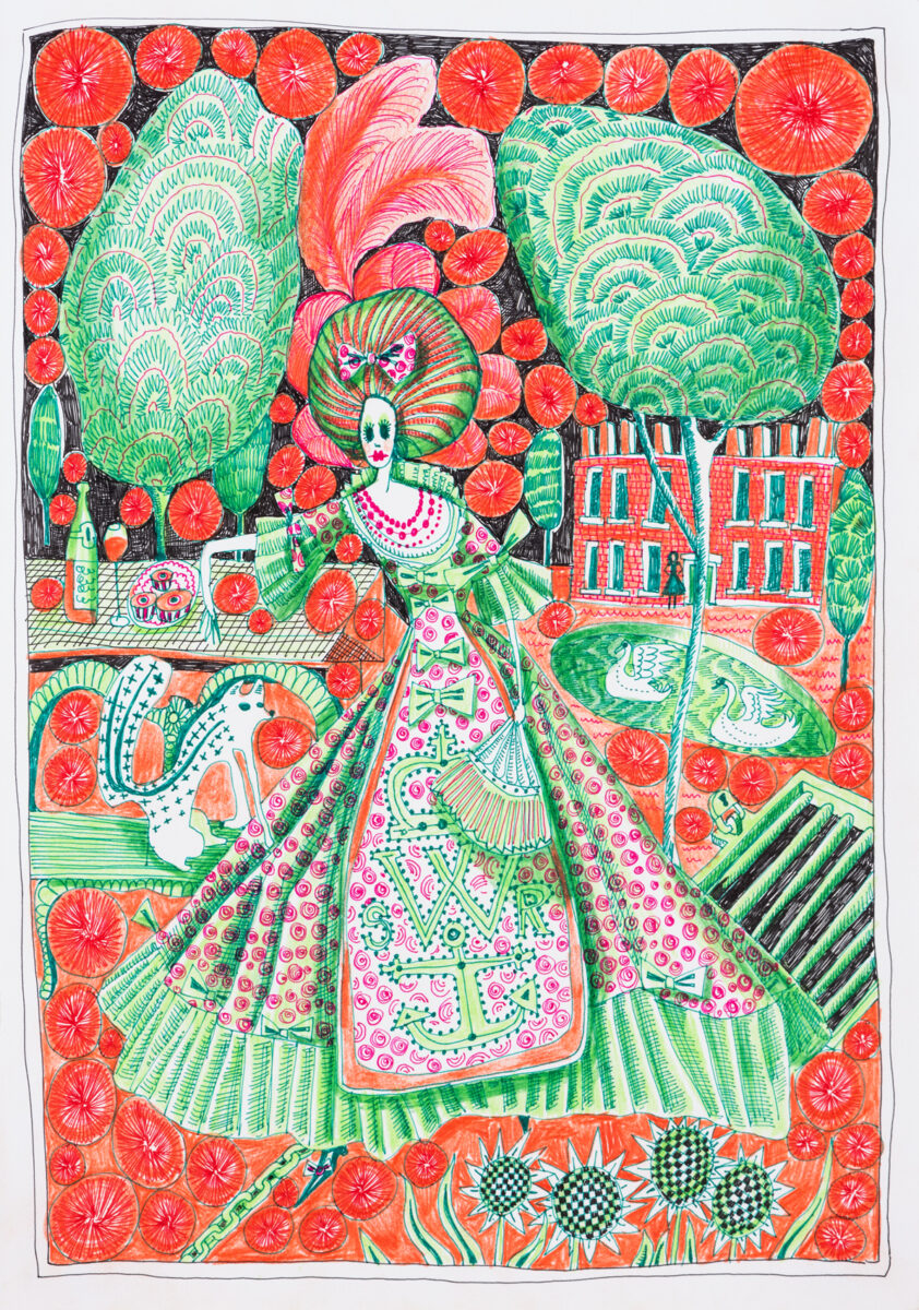 A image of a woman against a detailed red background.