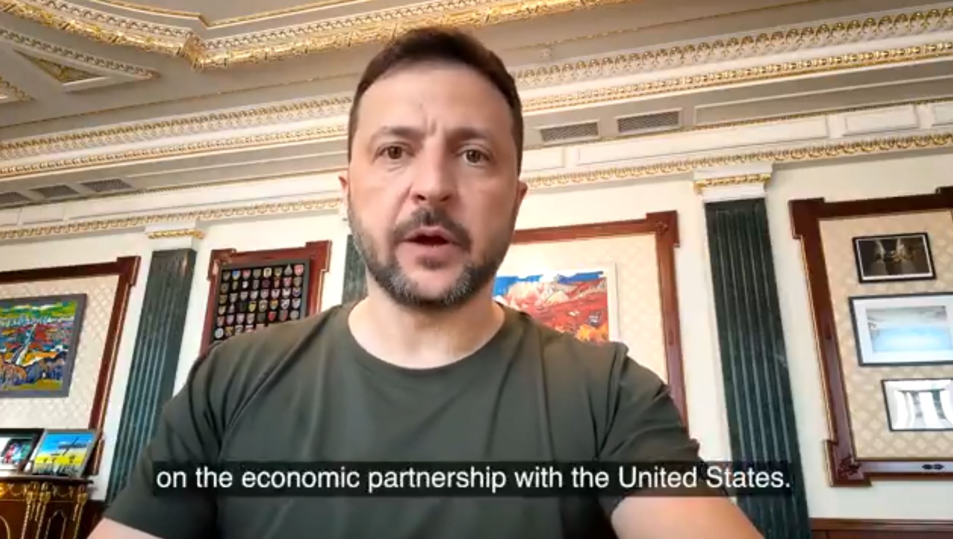 President Zelensky speaks and a caption reads ' on the economic partnership with the United States.