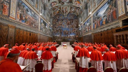 A gather of cardinals in the Sistene Chapel.