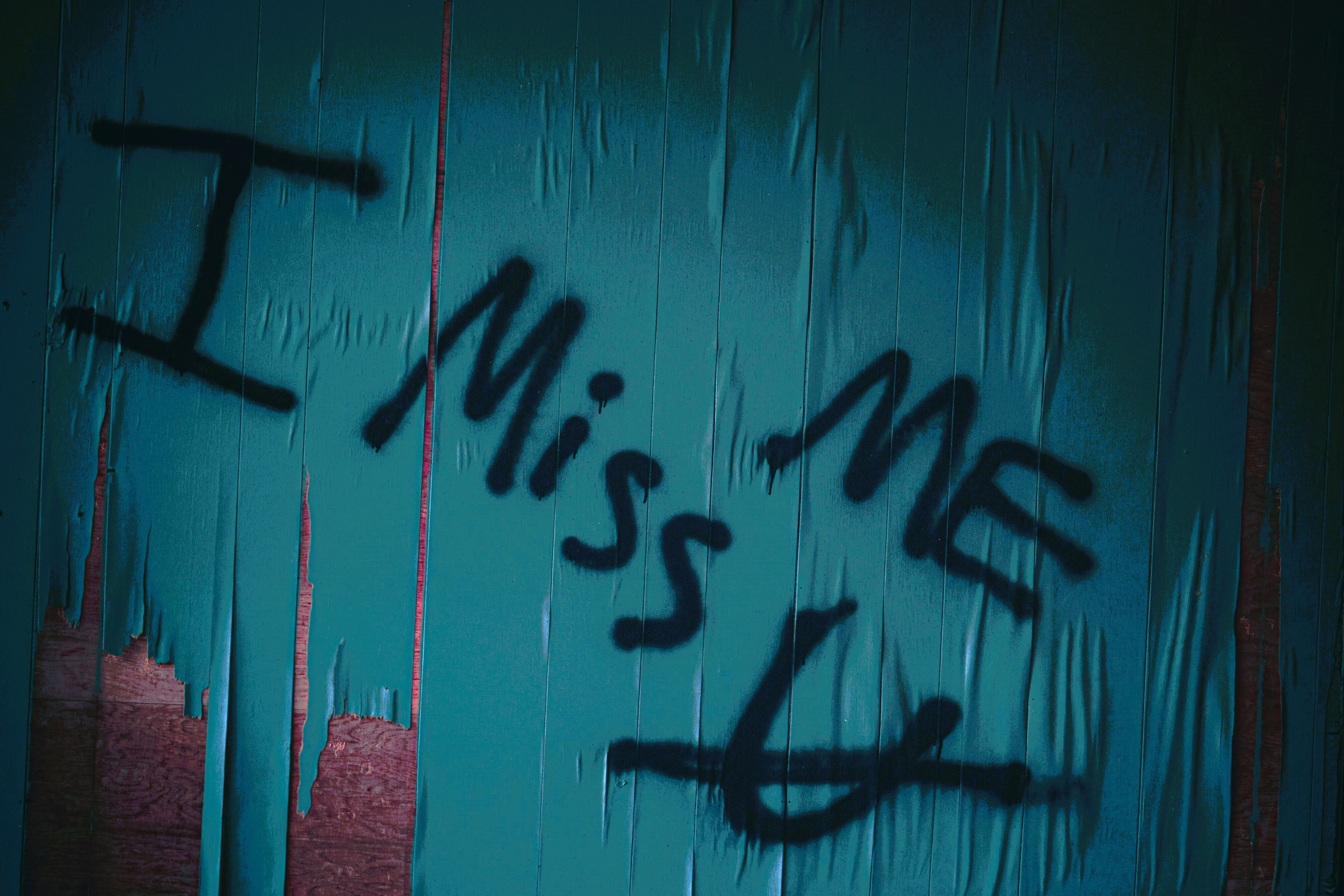 Graffiti reads 'I miss me' with u crossed out under the 'mem'
