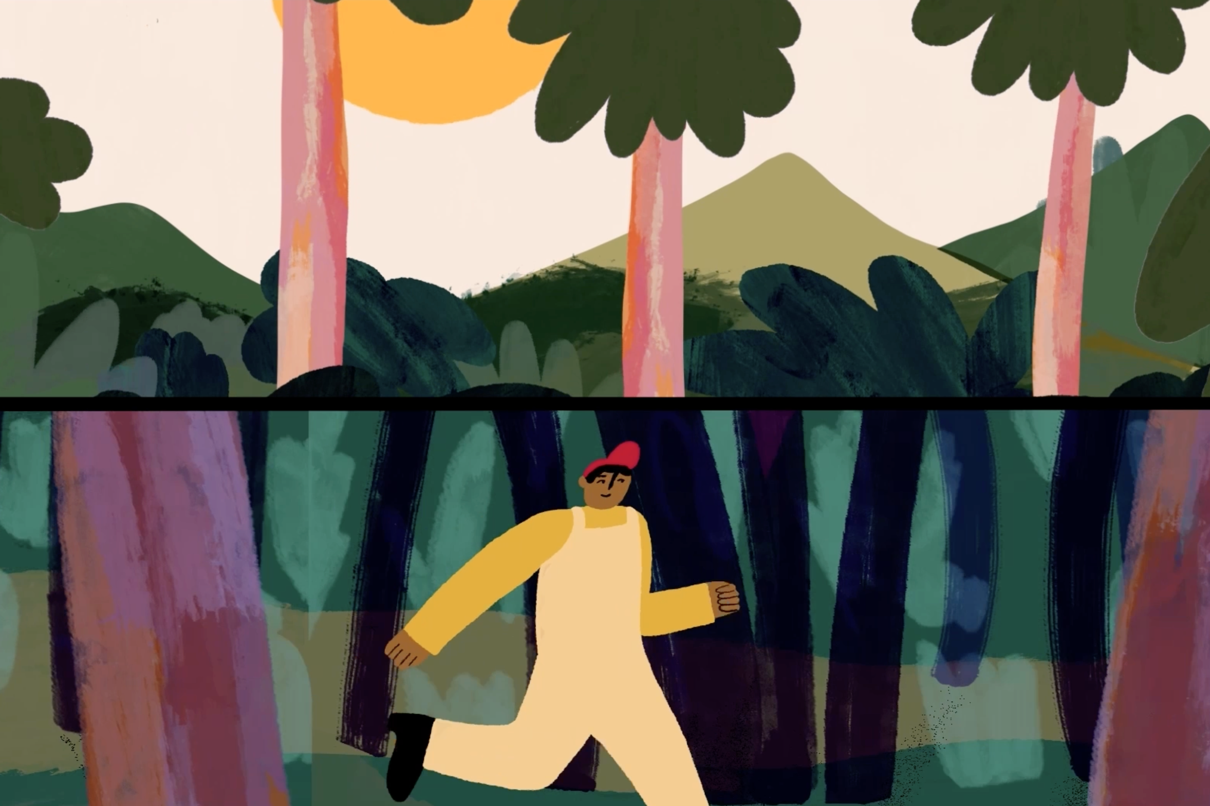 An animated man runs through a jungle.