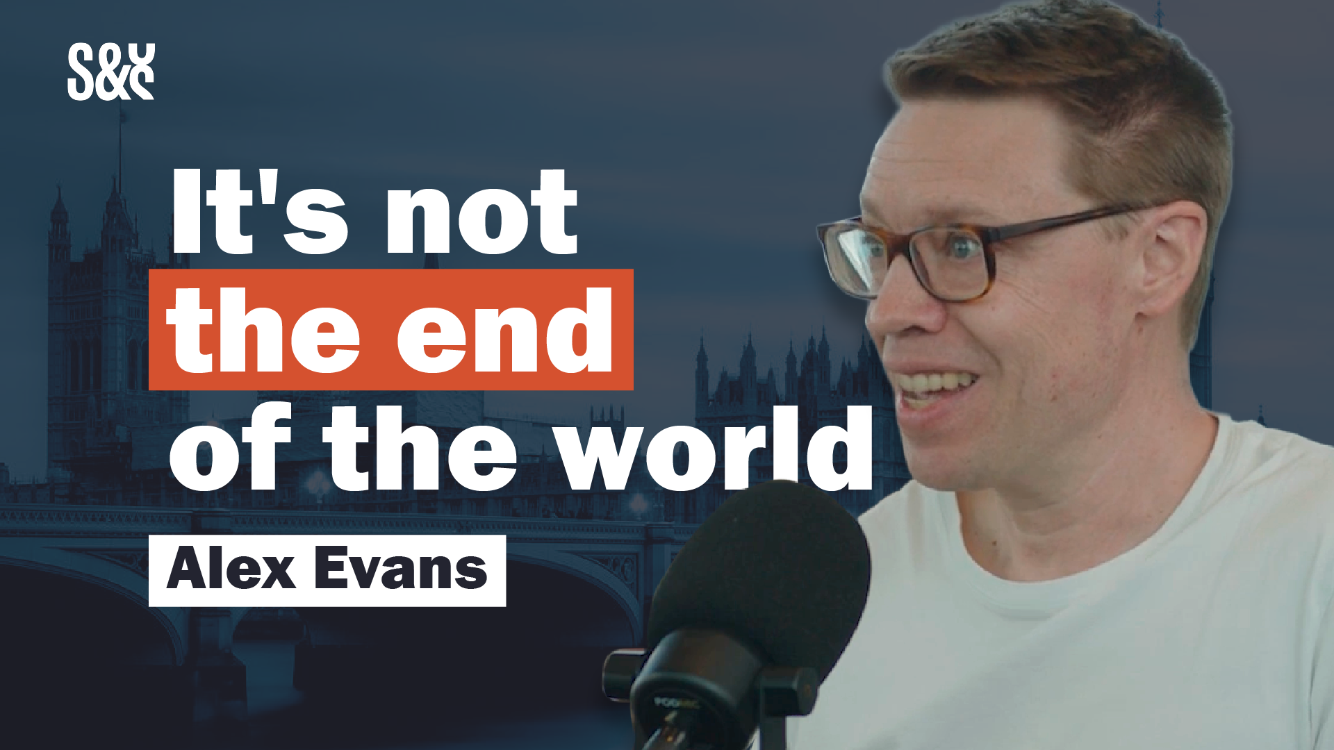 A video grab of a man talking with text beside him reading: it's not the end of the world.