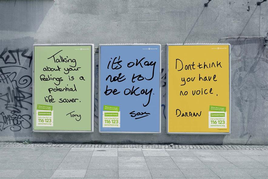 Three posters with suicide prevention messages.