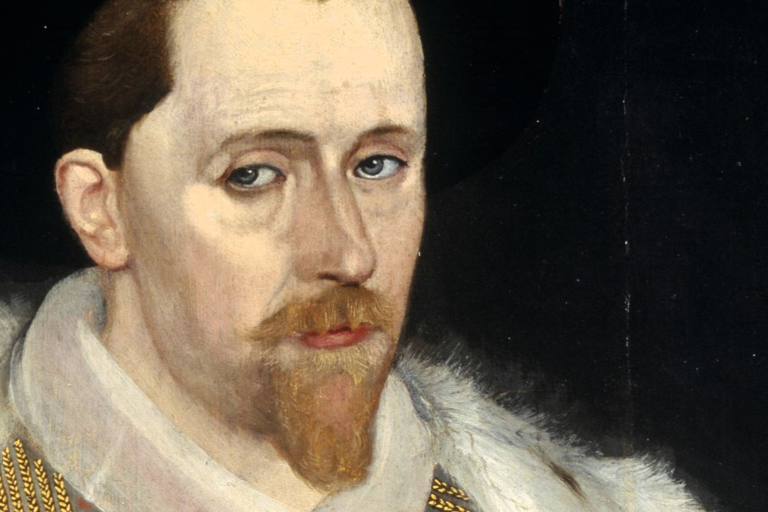 A portrait of King James VI, his eyes fix the viewer.