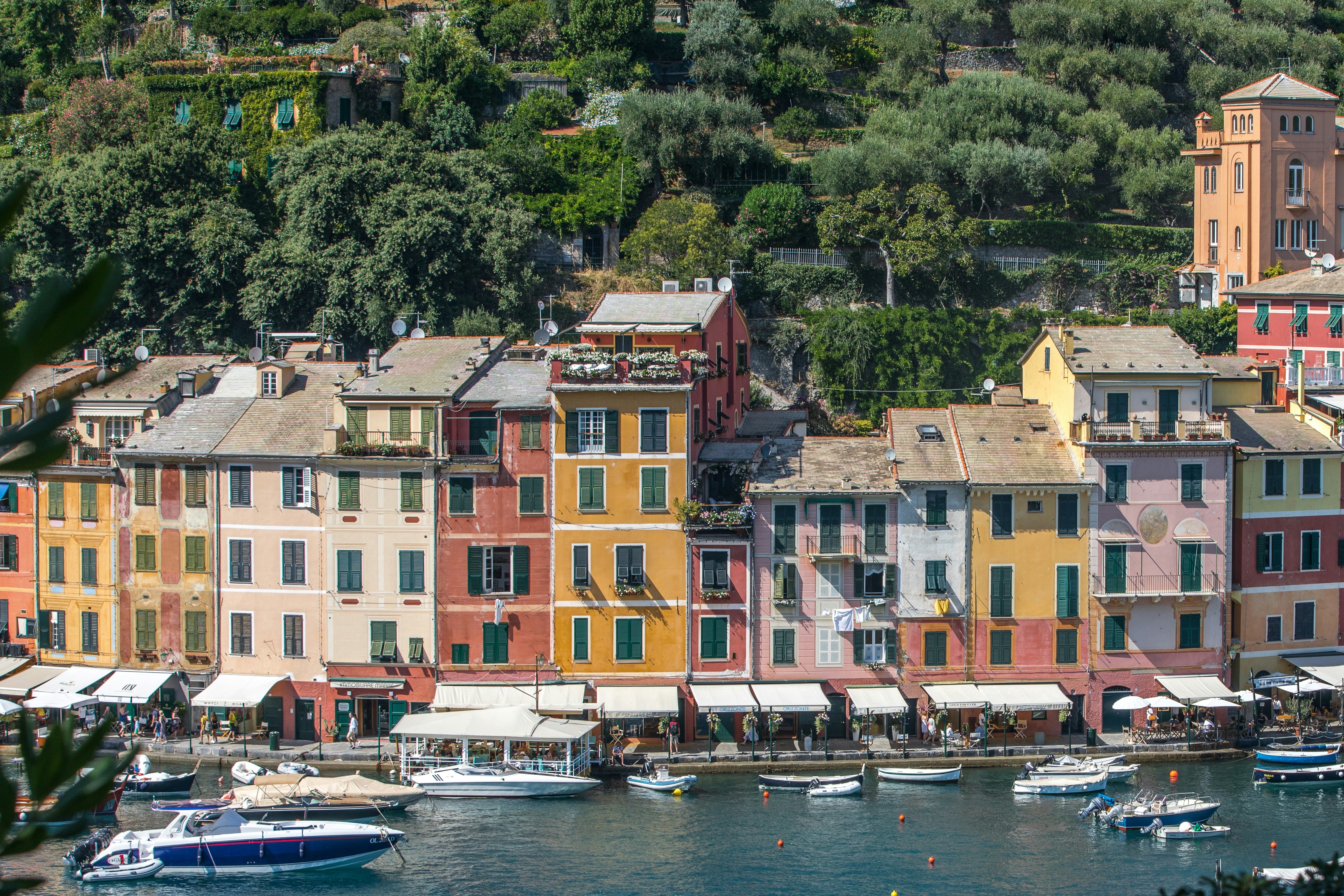 A colourful row of buildings in an Italian port.