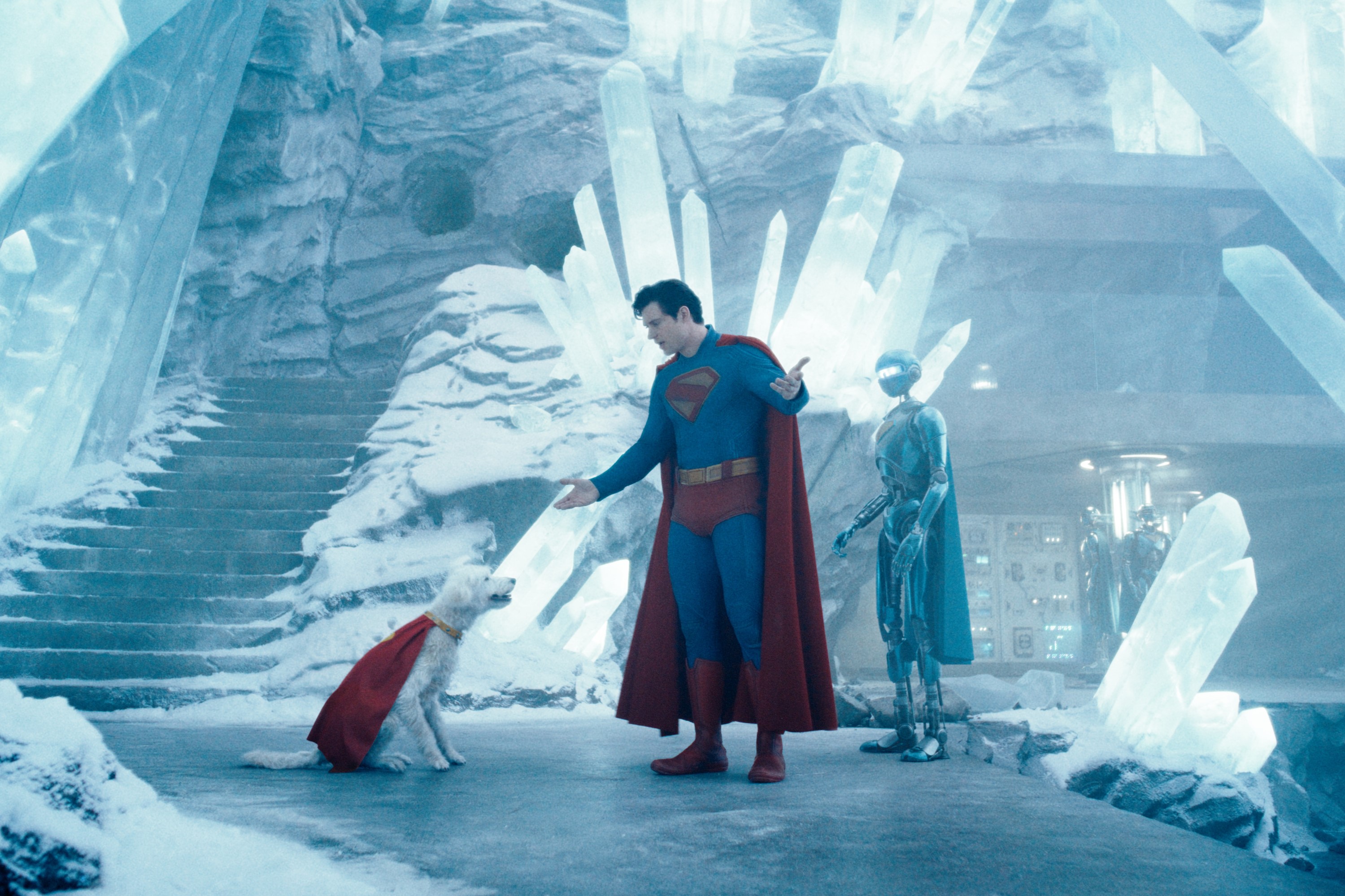 Superman talks to his dog amid the ice.