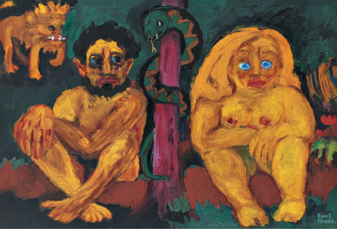 A painting show Adam and Eve wide-eyed after the fall.
