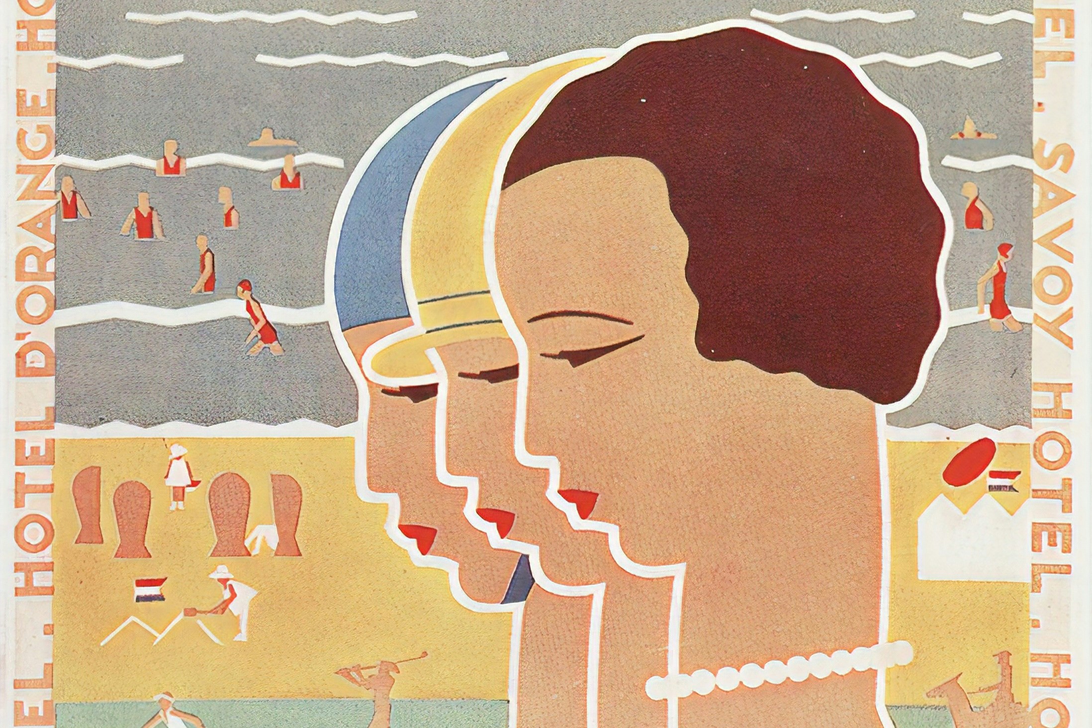 An art deco poster shows the heads of three woman against a beach background.