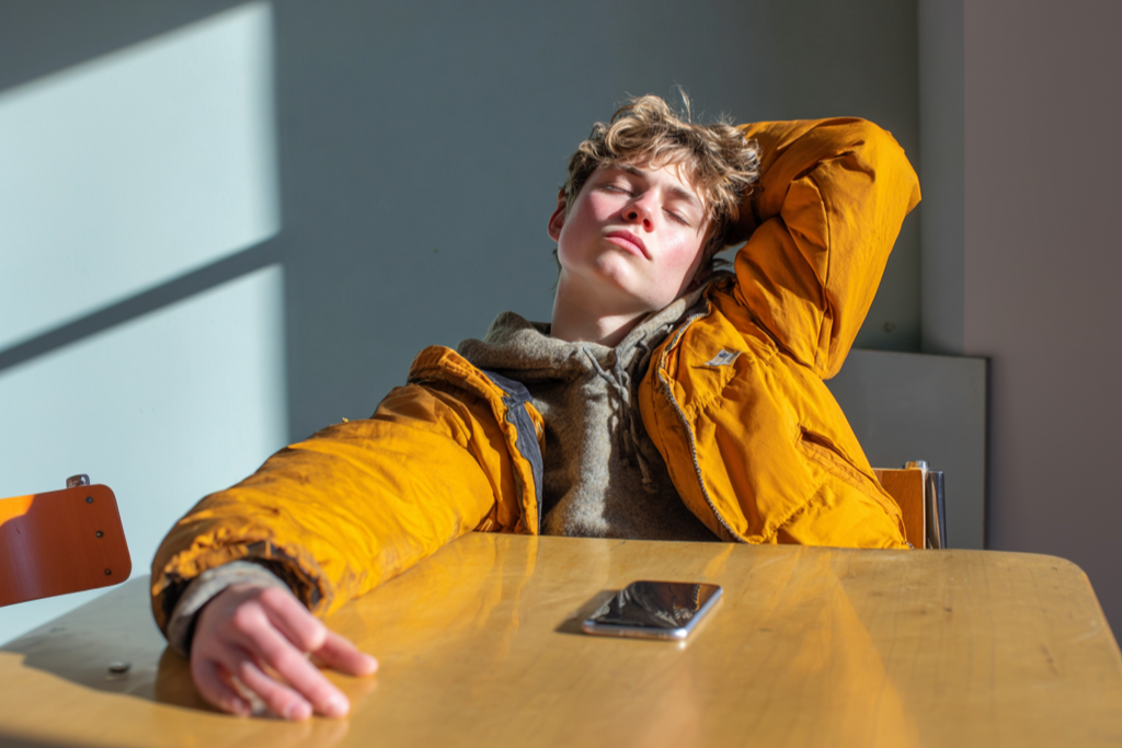 A seated teenager stretches back bored, a phone is on the table in front of them