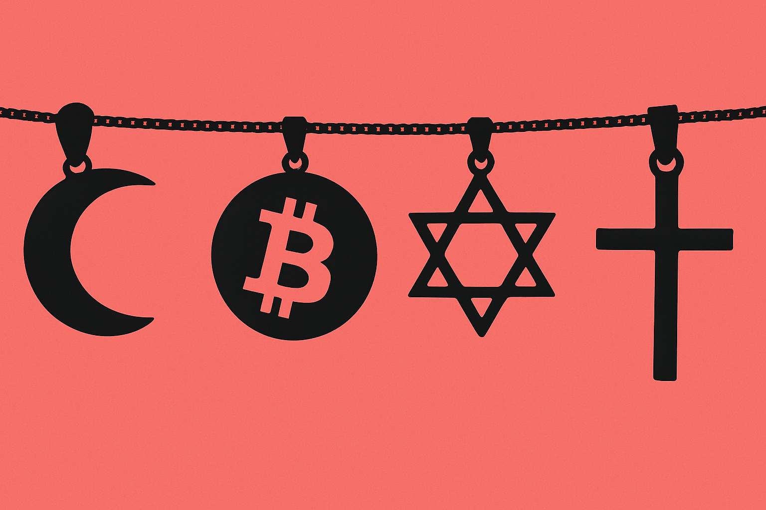  An image show a braclet that has a bitcoin symbol beside a cross, a crescent and a Star of David.